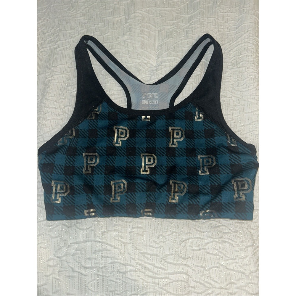 PINK Victoria's Secret Ultimate Sports Bra Size M‎ Checkered Teal And Black